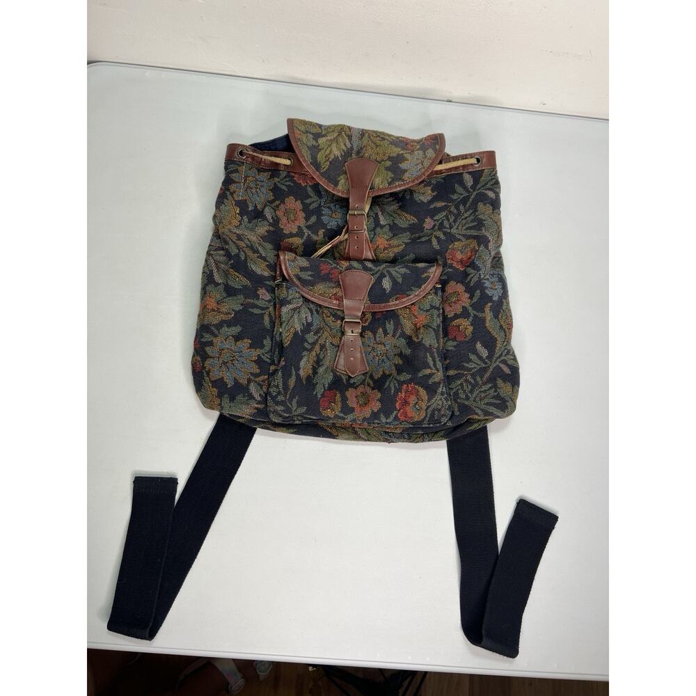 Vintage GAP Floral Tapestry Drawstring Backpack Y2K Boho Cottage Leather Trim - Picture 2 of 10
